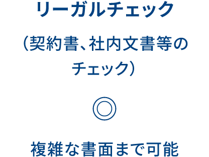 リーガルチェック（契約書、社内文書等のチェック） ◎ 複雑な書面まで可能